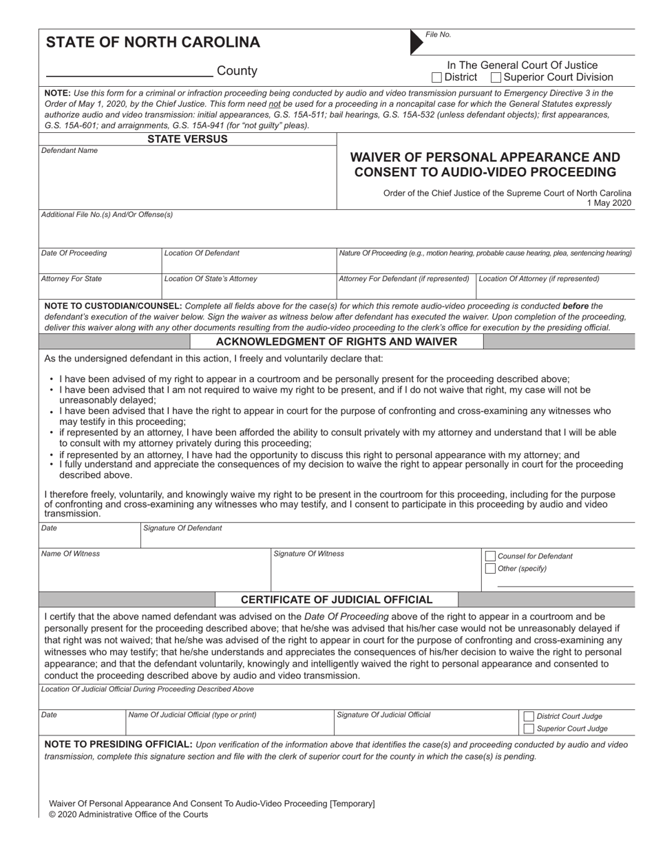 Waiver of Personal Appearance and Consent to Audio-Video Proceeding - North Carolina, Page 1