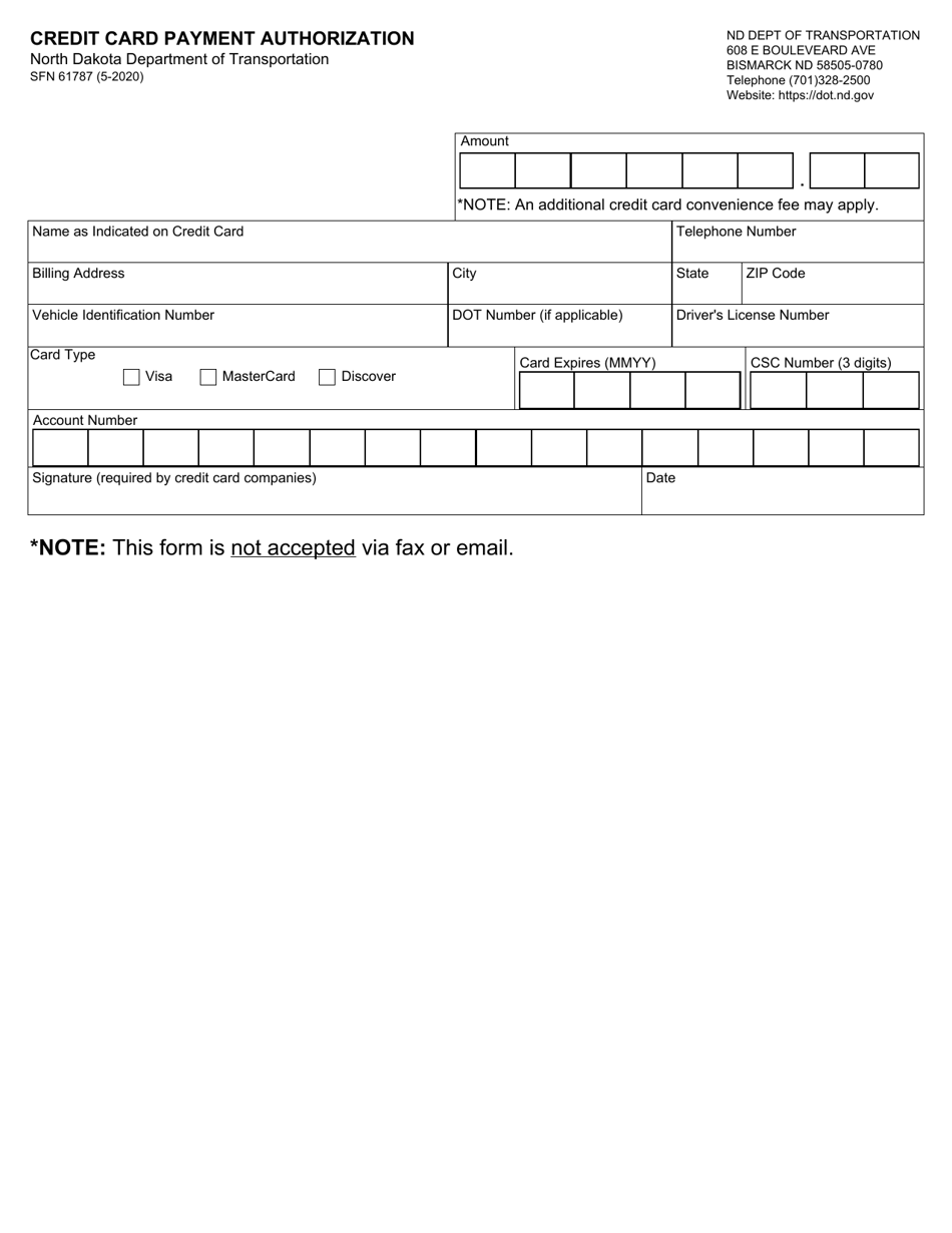 Form SFN61787 Credit Card Payment Authorization - North Dakota, Page 1