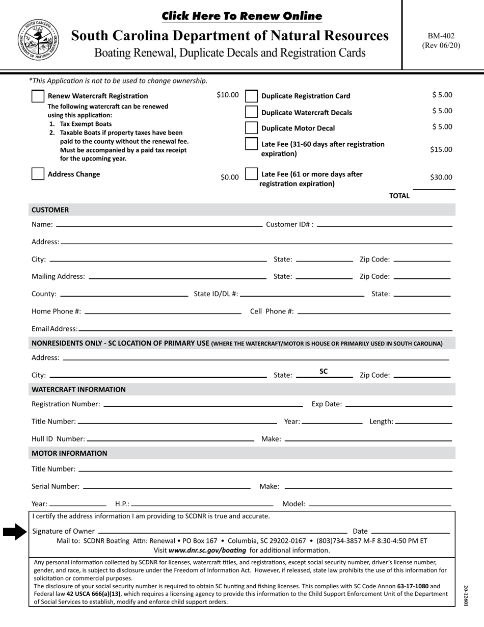 Form BM-402 Boating Renewal, Duplicate Decals and Registration Cards - South Carolina, Page 1