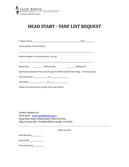 Head Start - TANF List Request - South Dakota Download Pdf