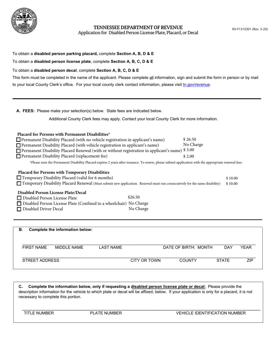 Form RV-F1310301 Application for Disabled Person License Plate, Placard, or Decal - Tennessee, Page 1