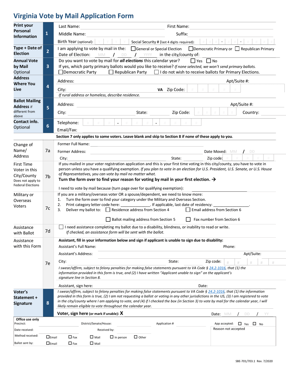 Form SBE-701 / 703.1 Virginia Vote by Mail Application Form - Virginia, Page 1