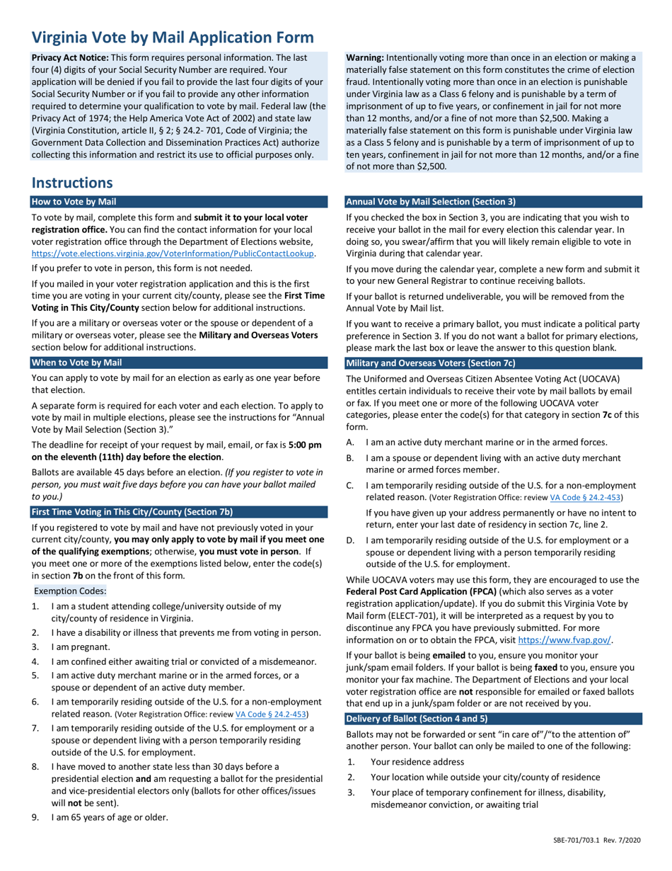 Form SBE-701 / 703.1 Virginia Vote by Mail Application Form - Virginia, Page 2