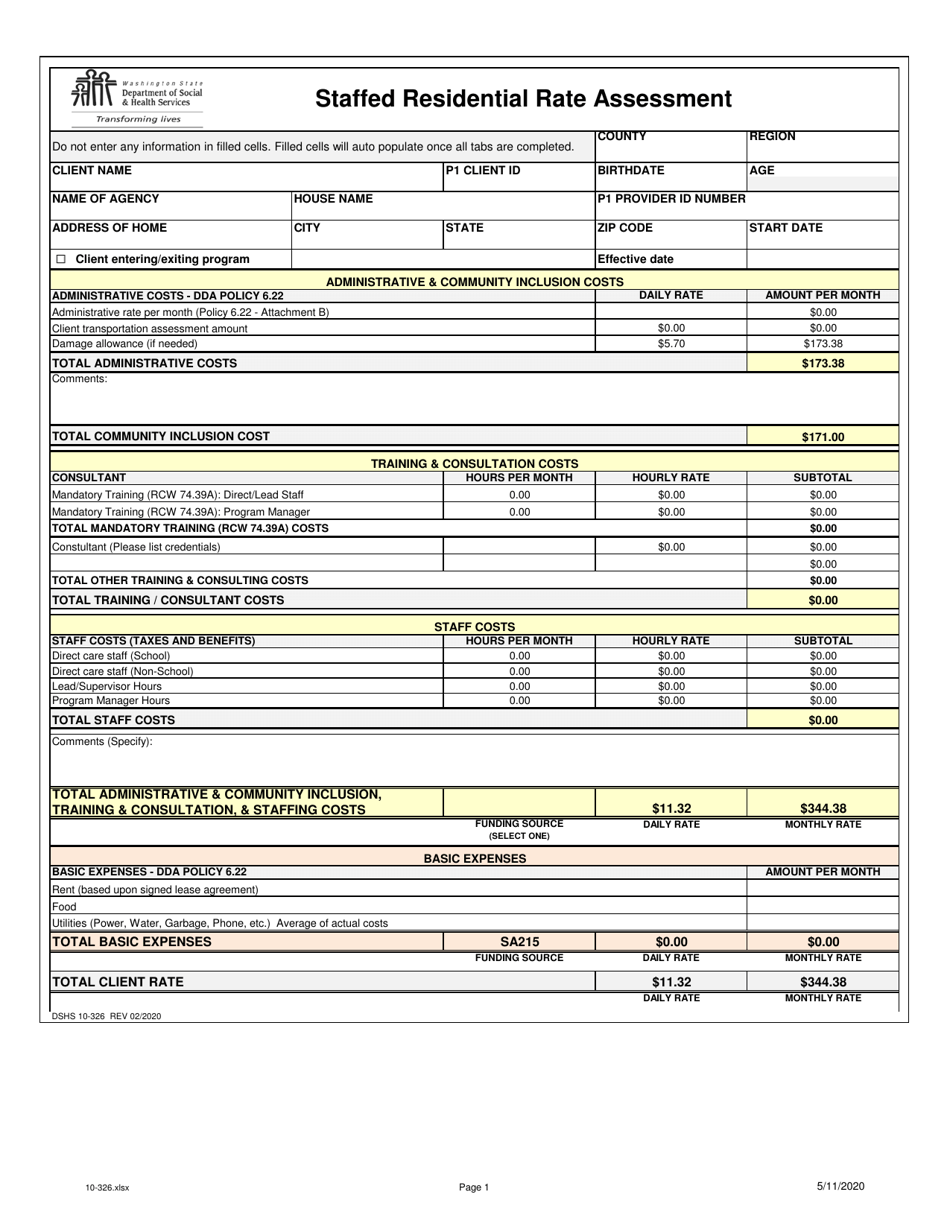 DSHS Form 10-326 Staffed Residential Rate Proposal - Washington, Page 1