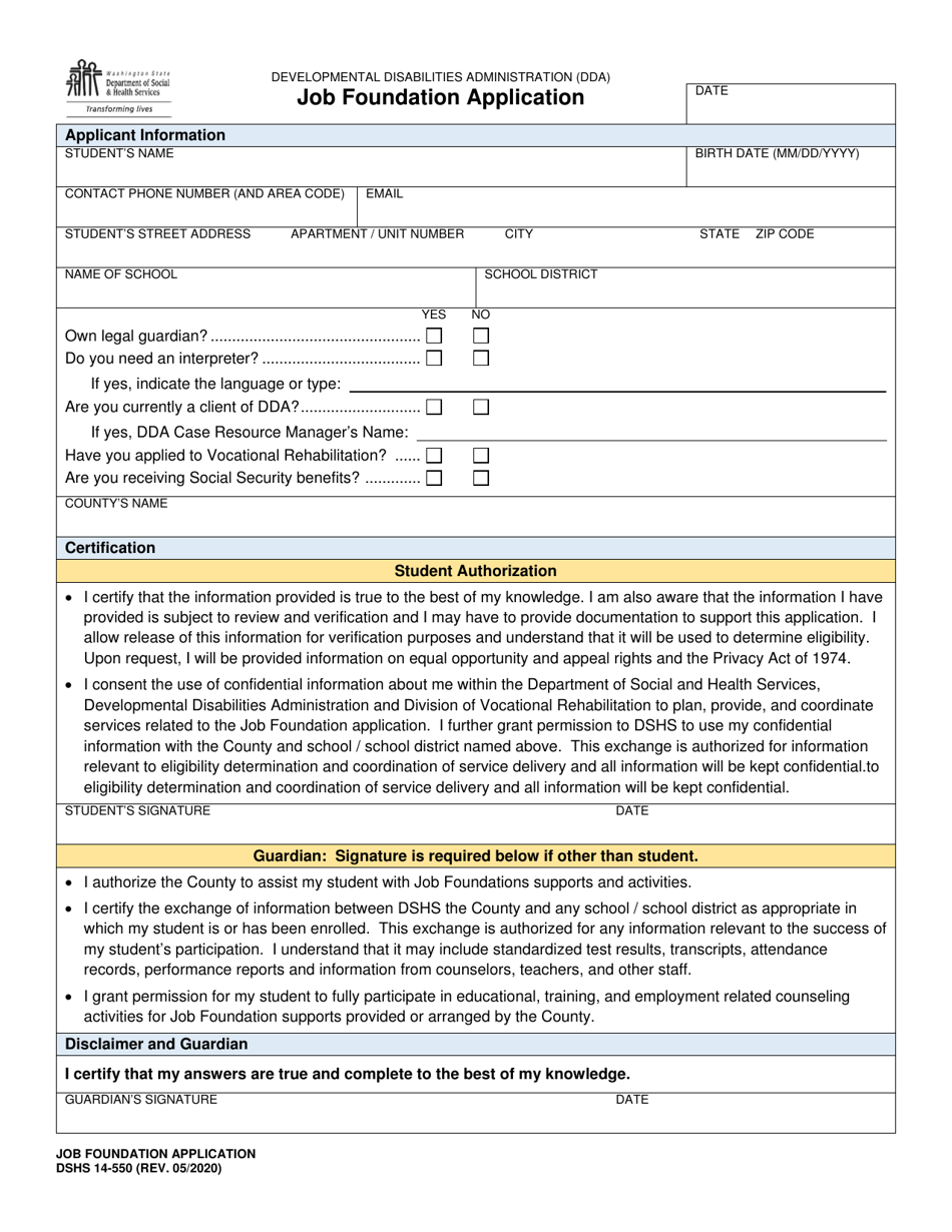 DSHS Form 14-550 Job Foundation Application - Washington, Page 1