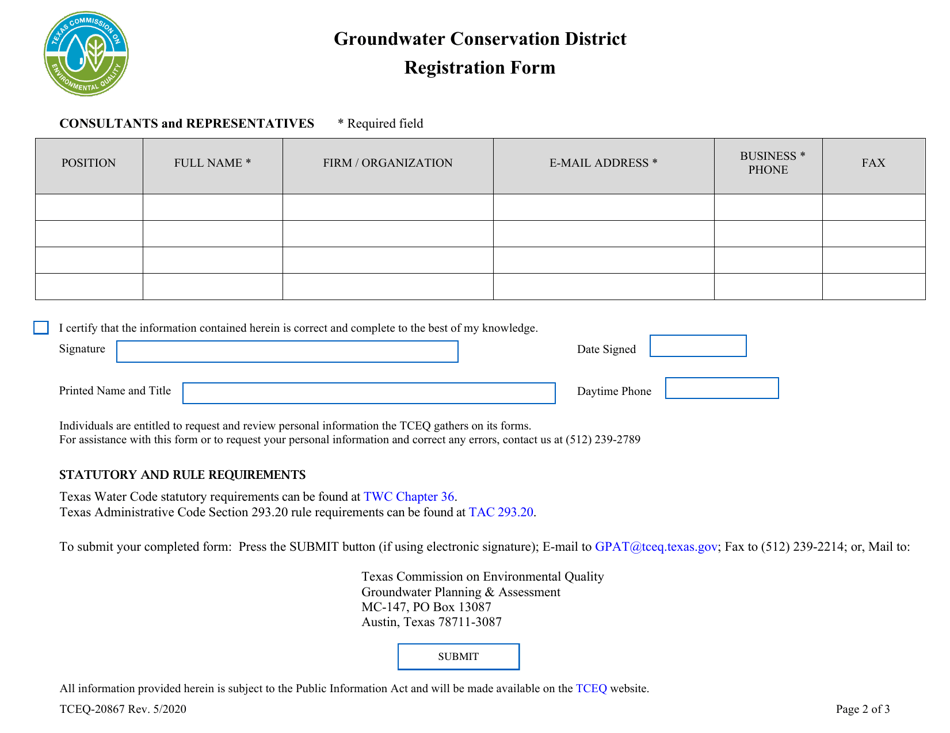 Form TCEQ-20867 Groundwater Conservation District Registration Form - Texas, Page 2