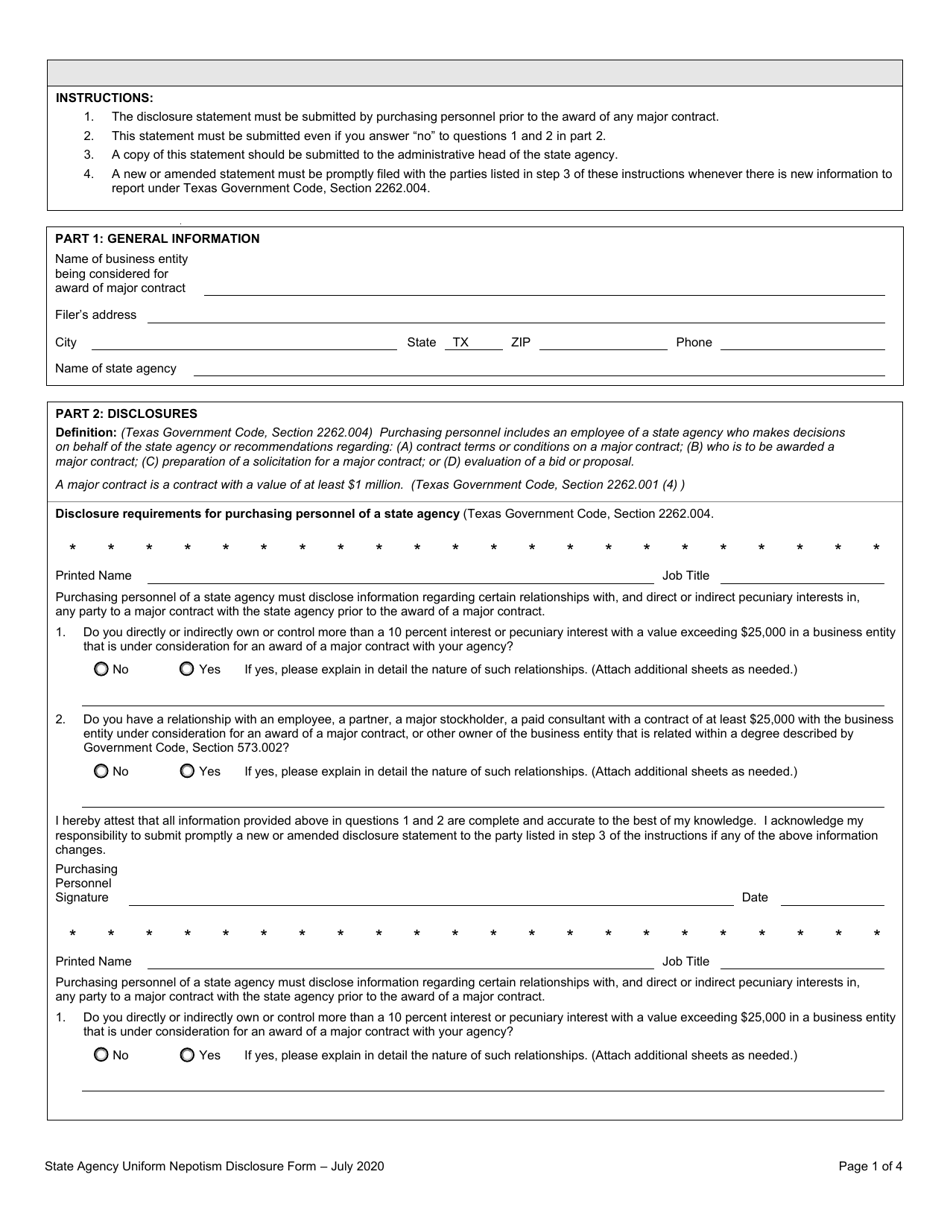 State Agency Uniform Nepotism Disclosure Form - Texas, Page 1