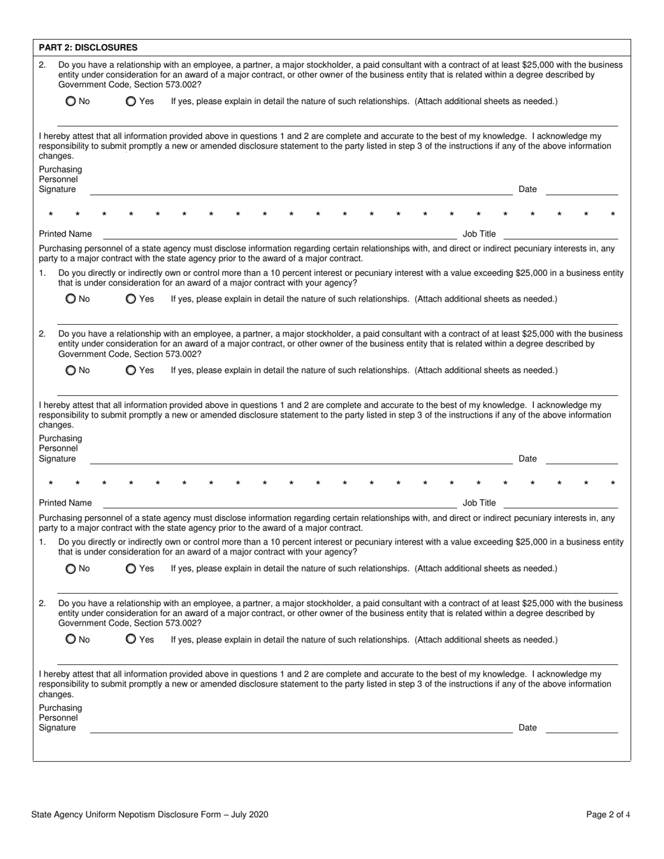 State Agency Uniform Nepotism Disclosure Form - Texas, Page 2