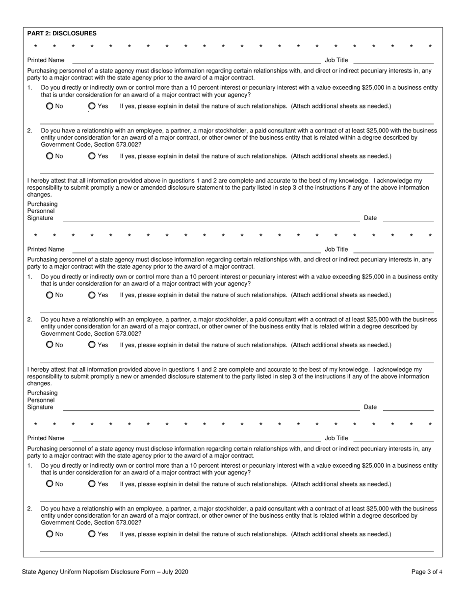 State Agency Uniform Nepotism Disclosure Form - Texas, Page 3