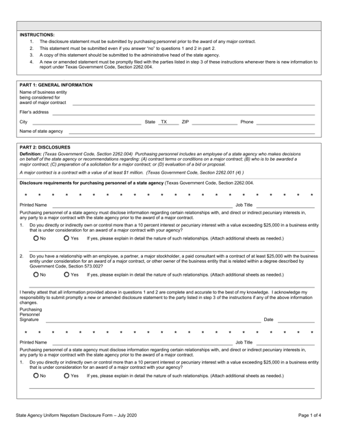 State Agency Uniform Nepotism Disclosure Form - Texas Download Pdf
