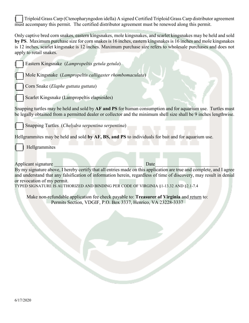 Application to Hold and Sell Certain Fish, Snakes, Snapping Turtles,  Hellgrammites for Sale - Virginia, Page 3