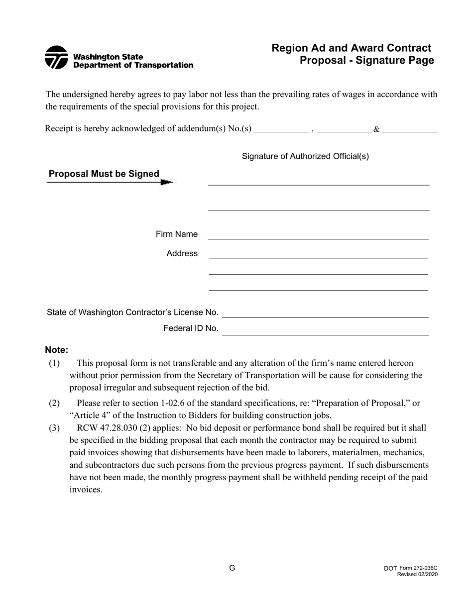 DOT Form 272-036C Region Ad and Award Contract Proposal - Signature Page - Washington, Page 1