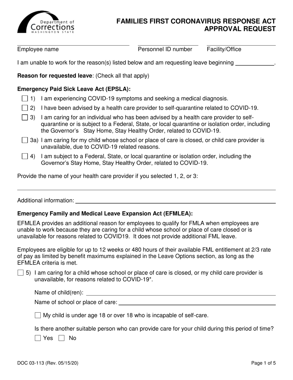 Form DOC03-113 Families First Coronavirus Response Act Approval Request - Washington, Page 1