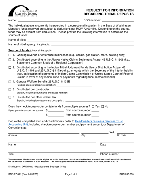 Form DOC07-011 Request for Information Regarding Tribal Deposits - Washington