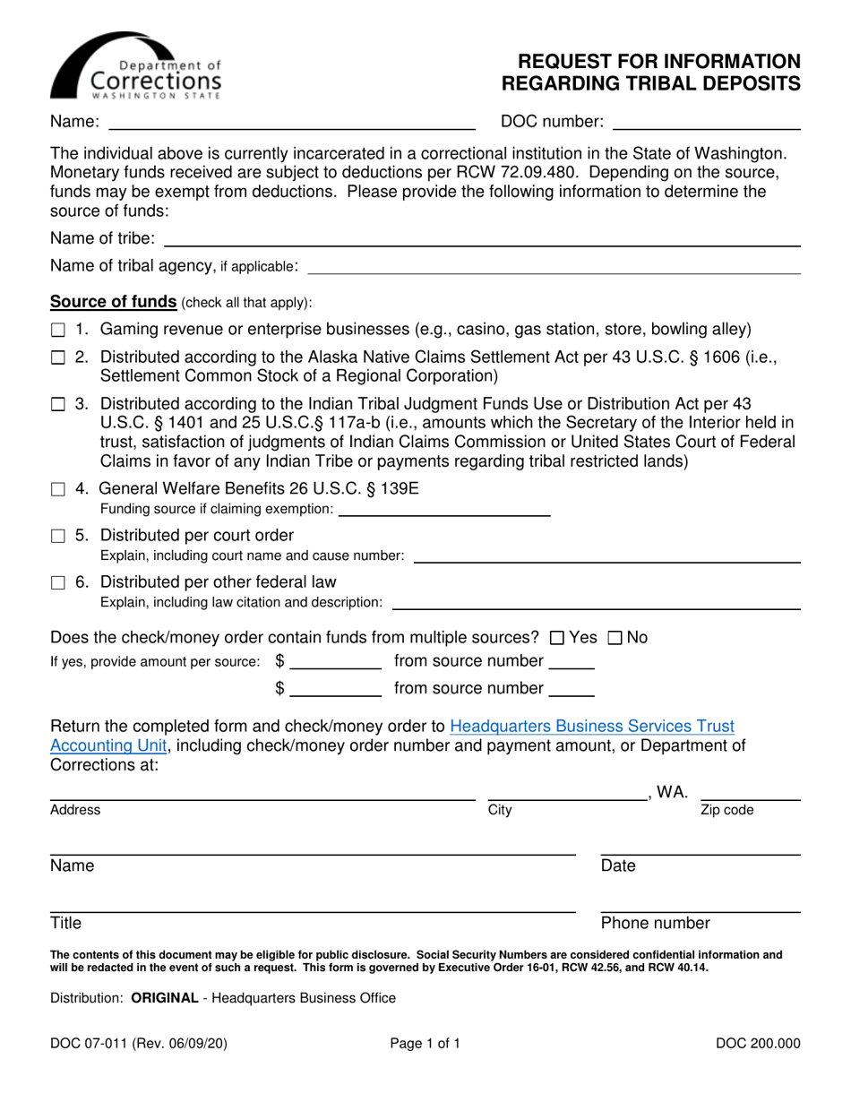 Form DOC07-011 Request for Information Regarding Tribal Deposits - Washington, Page 1