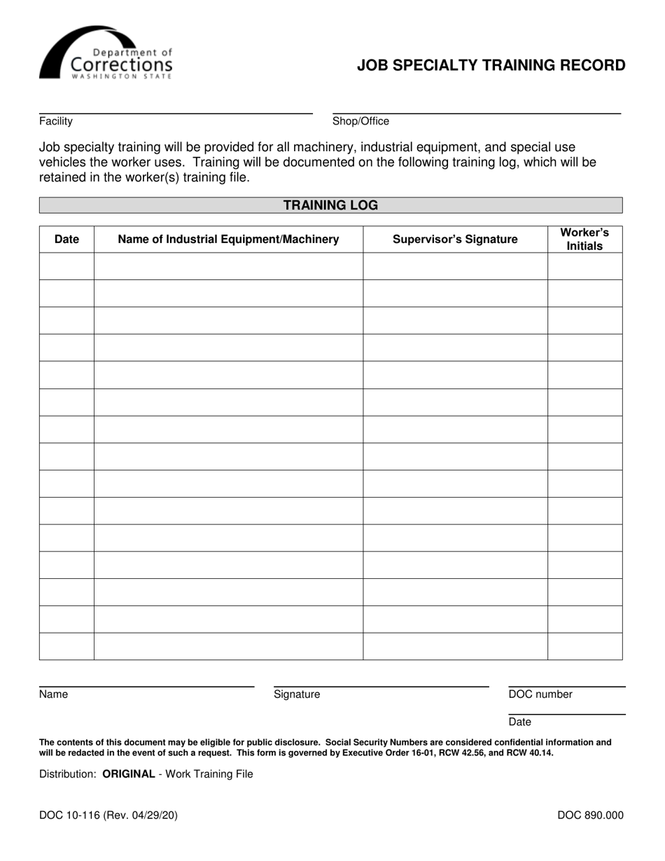 Form DOC10-116 Job Specialty Training Record - Washington, Page 1