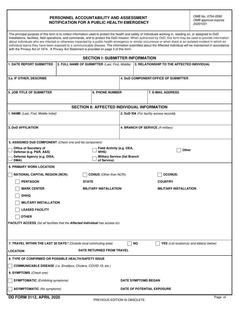 DD Form 3112 Personnel Accountability and Assessment Notification for Coronavirus Disease (Covid-19) Exposure, Page 1