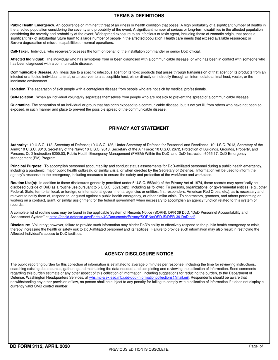 DD Form 3112 Personnel Accountability and Assessment Notification for Coronavirus Disease (Covid-19) Exposure, Page 3