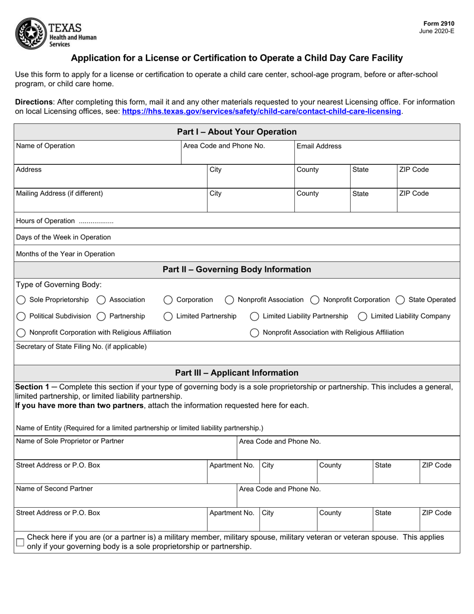 form 2910 application for a license or certification to operate a child day care facility