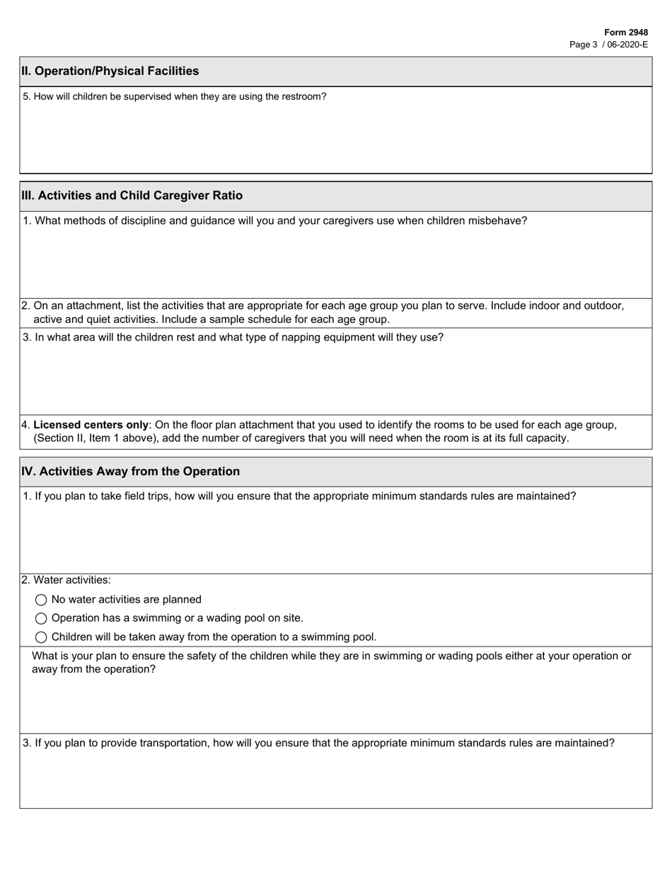 Form 2948 Plan of Operation for Licensed Center and Home Operations - Texas, Page 3