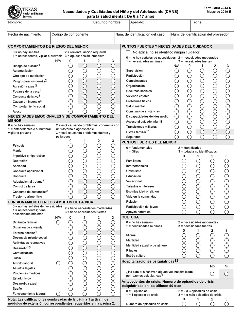 Formulario 3043-S Necesidades Y Cualidades Del Nino Y Del Adolescente (Cans) Para La Salud Mental De 6 a 17 Anos - Texas (Spanish), Page 1