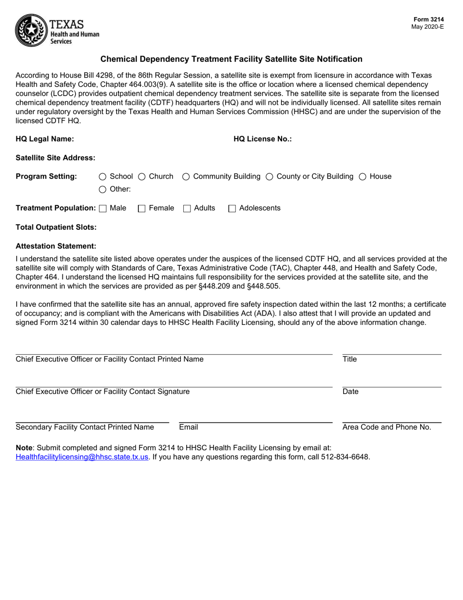 Form 3214 Chemical Dependency Treatment Facility Satellite Site Notification - Texas, Page 1