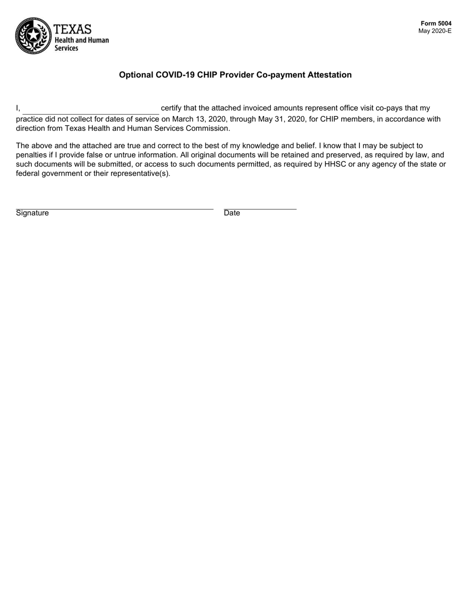 Form 5004 Optional Covid-19 Chip Provider Co-payment Attestation - Texas, Page 1