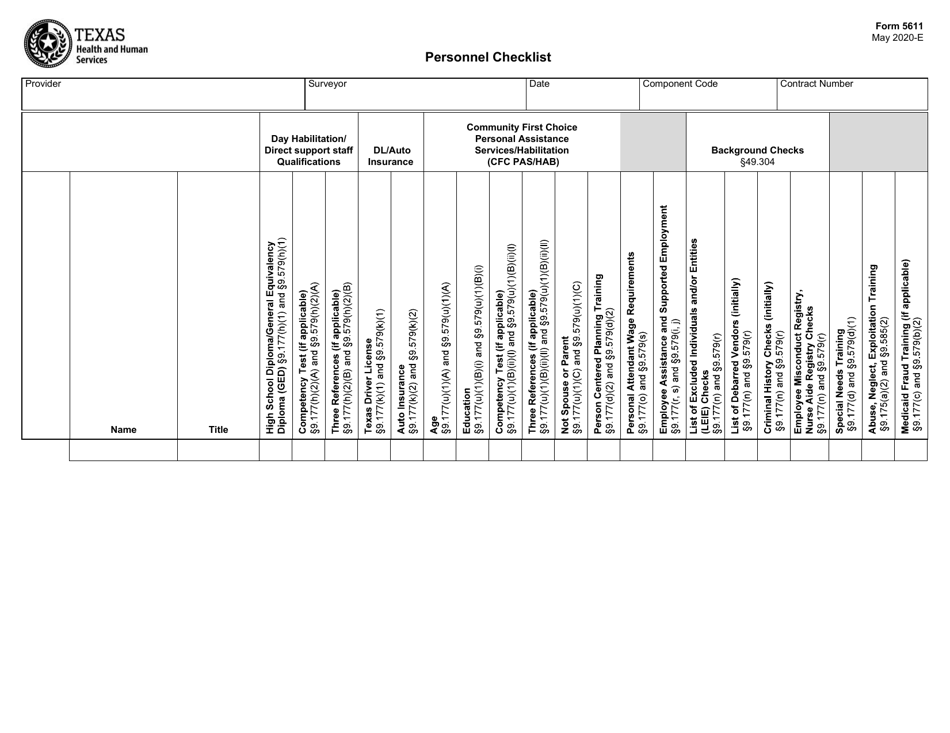 Form 5611 Personnel Checklist - Texas, Page 1