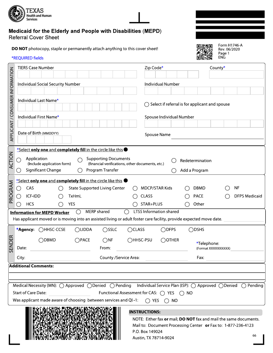 Form H1746-A Medicaid for the Elderly and People With Disabilities (Mepd) Referral Cover Sheet - Texas, Page 1