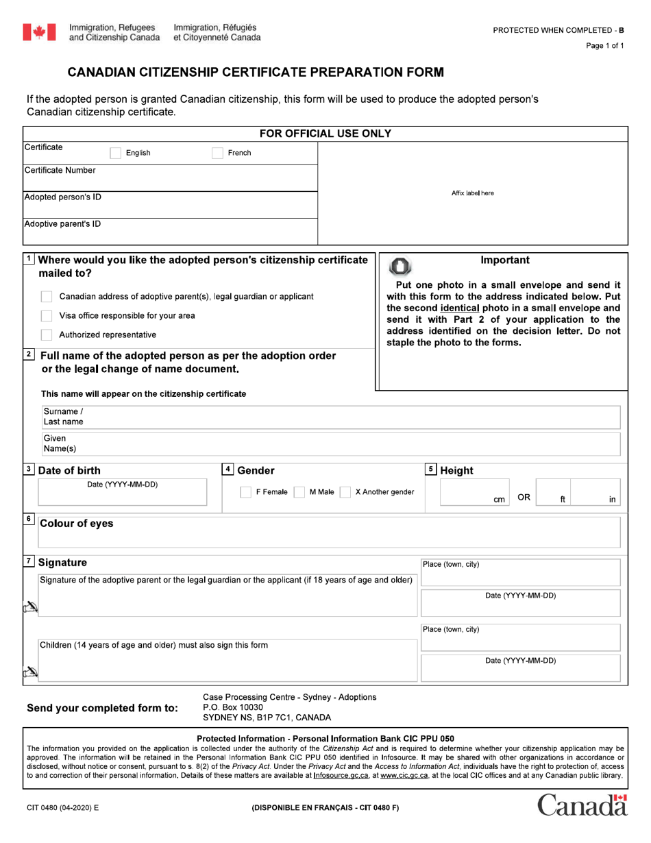 Form CIT0480 Canadian Citizenship Certificate Preparation Form - Canada, Page 1