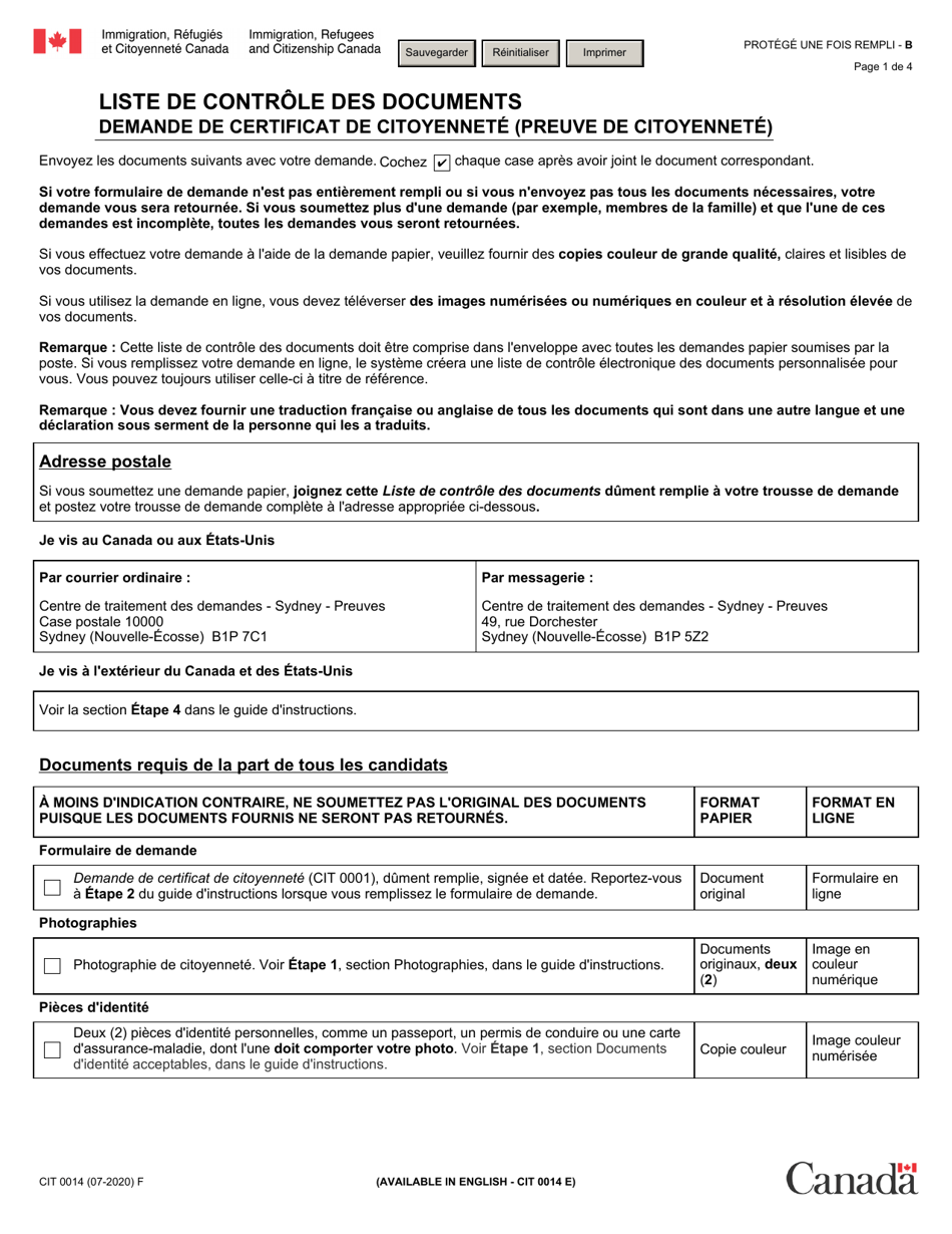 Forme CIT0014 Liste De Controle DES Documents - Demande De Certificat De Citoyennete (Preuve De Citoyennete) - Canada (French), Page 1