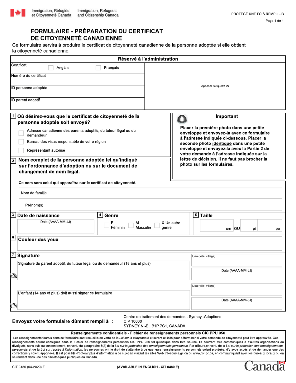 Forme CIT0480 Formulaire - Preparation Du Certificat De Citoyennete Canadienne - Canada (French), Page 1
