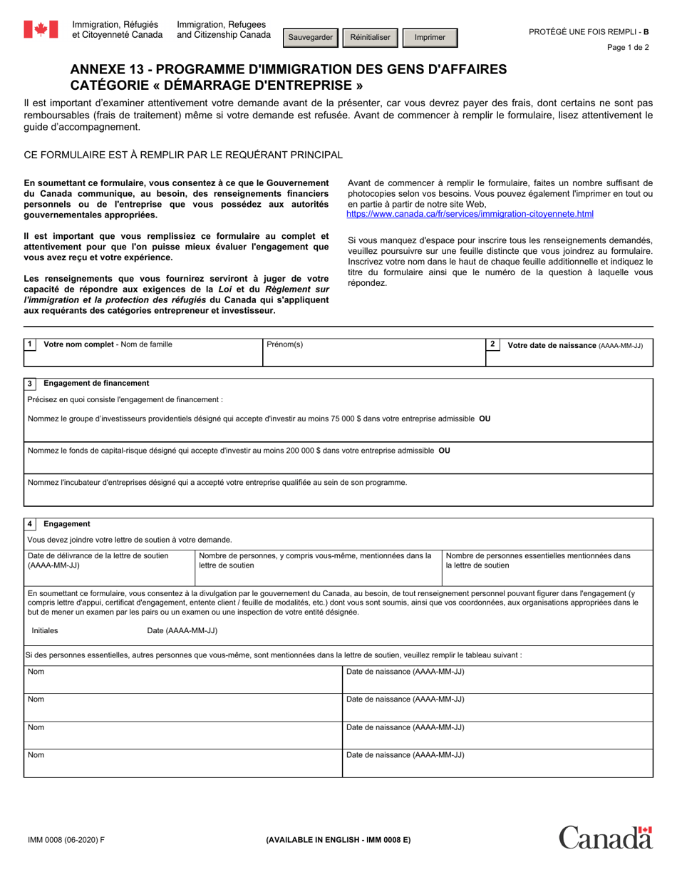 Forme IMM0008 Agenda 13 Programme Dimmigration DES Gens Daffaires Categorie demarrage Dentreprise - Canada (French), Page 1