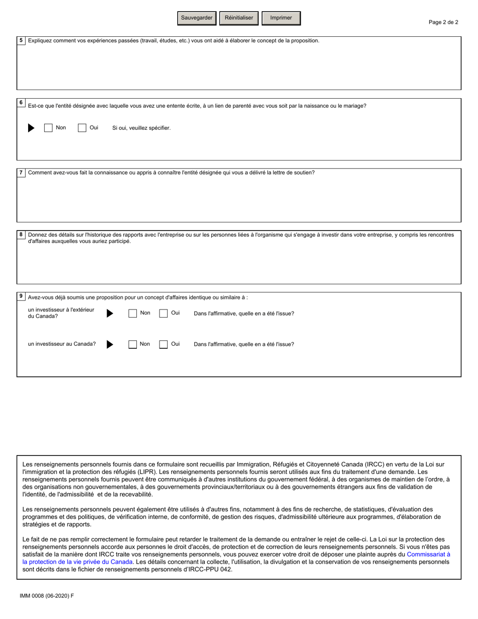 Forme IMM0008 Agenda 13 Programme Dimmigration DES Gens Daffaires Categorie demarrage Dentreprise - Canada (French), Page 2