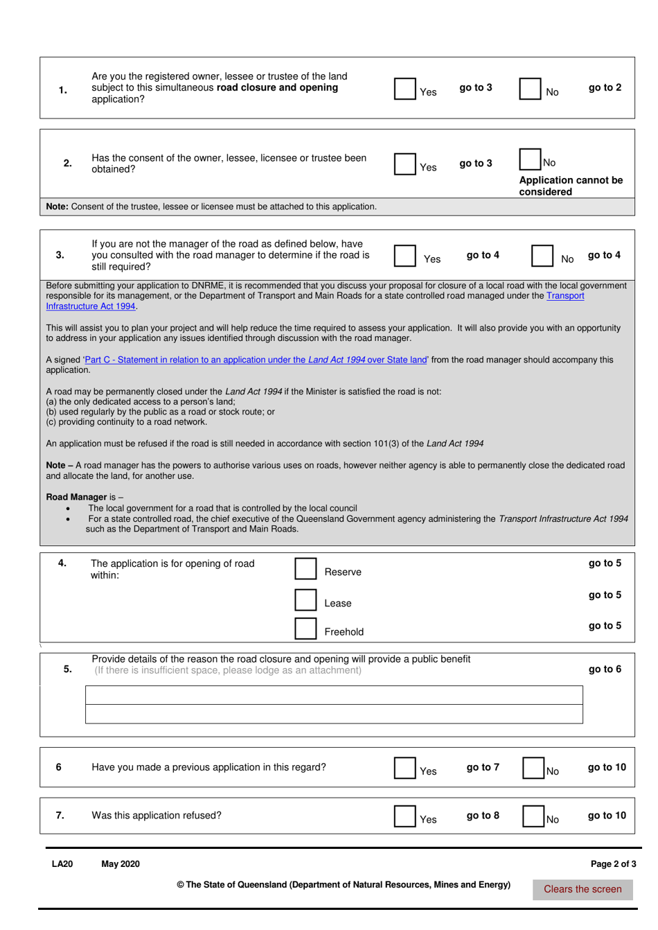 Form LA20 Part B Application for Simultaneous Road Closure and Opening - Queensland, Australia, Page 2