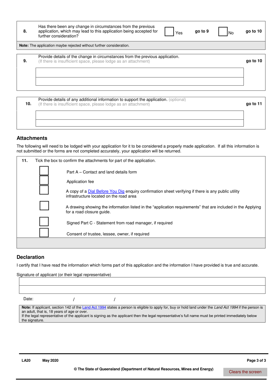 Form LA20 Part B Application for Simultaneous Road Closure and Opening - Queensland, Australia, Page 3