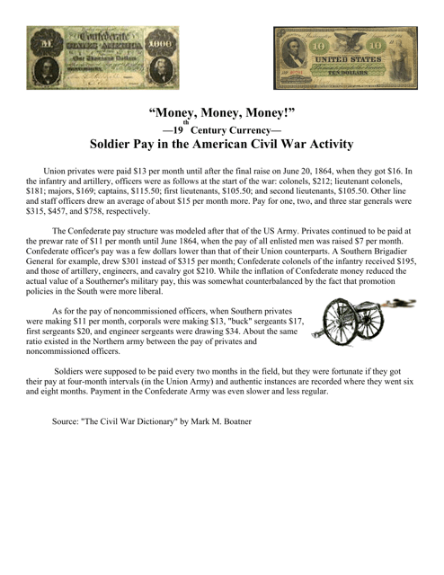 "money, Money, Money!" - 19th Century Currency - Soldier Pay in the American Civil War Activity