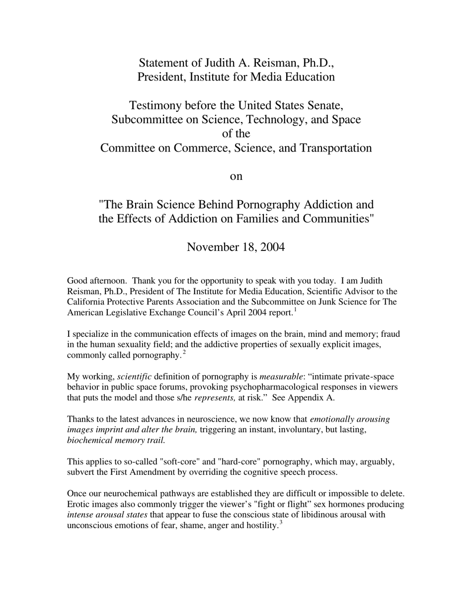 Testimony (Dr. Judith Reisman), Hearing on the Brain Science Behind Pornography Addiction and the Effects of Addiction on Families and Communities, Page 2