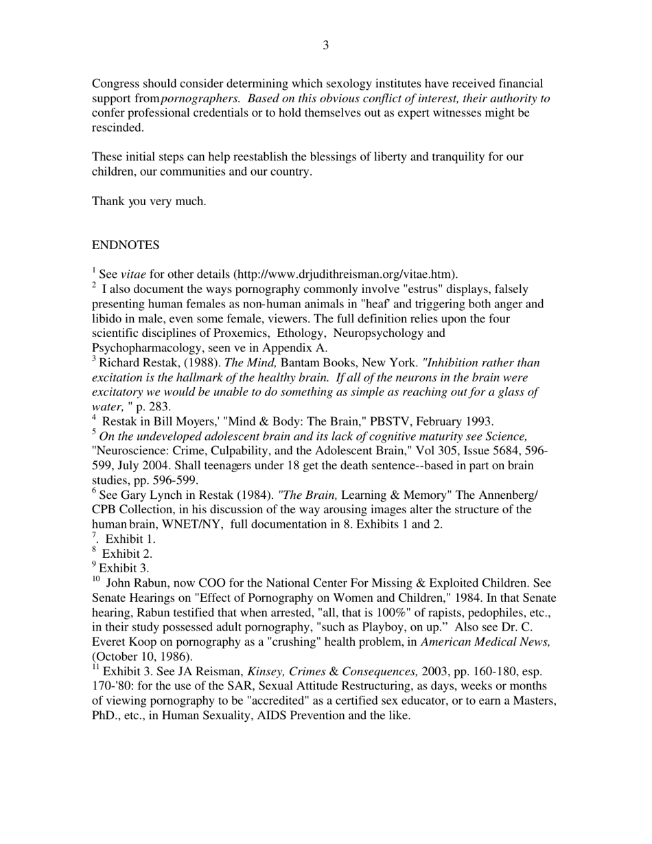 Testimony (Dr. Judith Reisman), Hearing on the Brain Science Behind Pornography Addiction and the Effects of Addiction on Families and Communities, Page 4