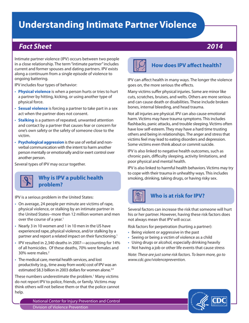Understanding Intimate Partner Violence Fact Sheet, 2014