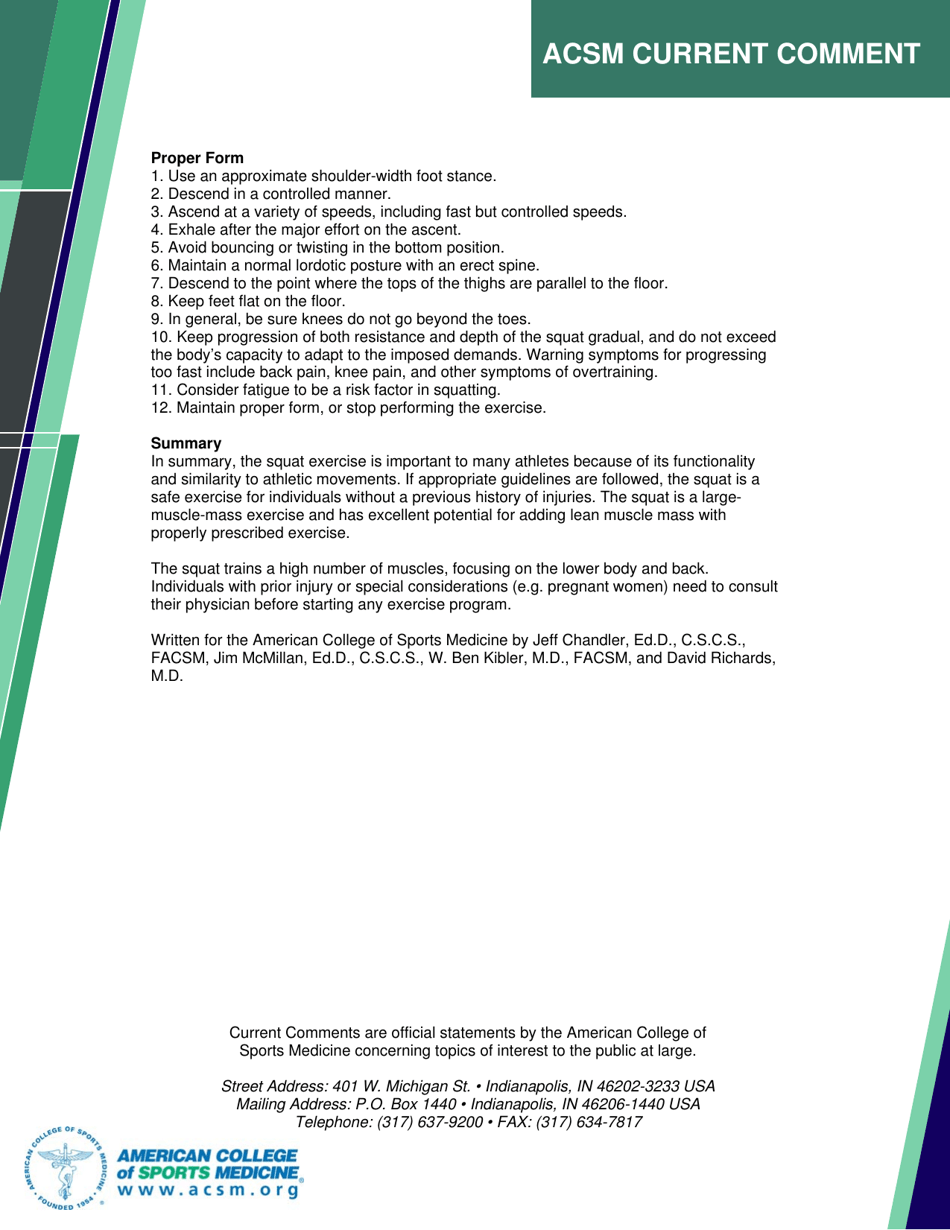 Acsm Current Comment: Safety of the Squat Exercise - American College of Sports Medicine, Page 3