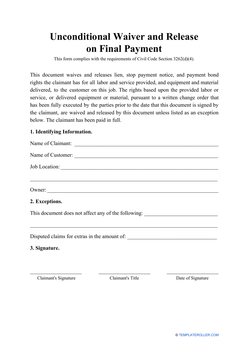 Unconditional Waiver And Release On Final Payment Fill Out Sign Online And Download Pdf 2262