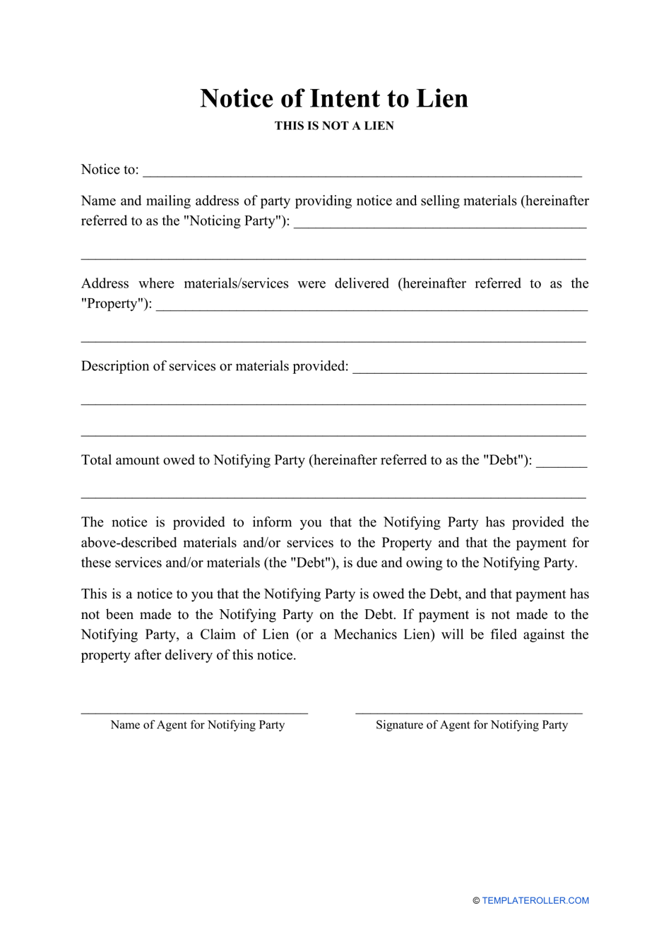 Printable Intent To Lien Form Customize And Print 1911