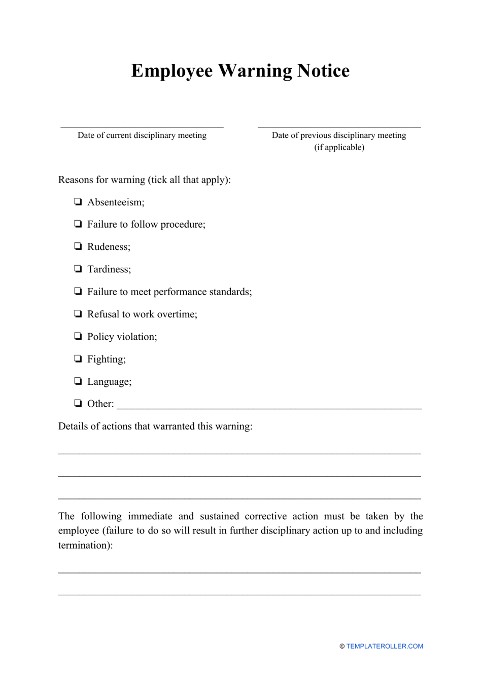 Employee Warning Notice Template, Page 1