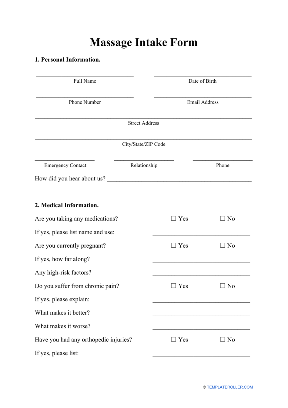 Massage Intake Form Fill Out Sign Online And Download Pdf Templateroller 