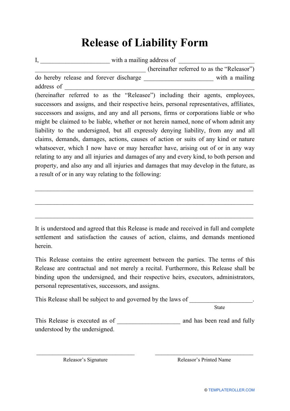 Release of Liability Form, Page 1