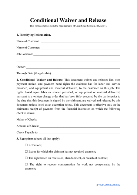 "Conditional Waiver and Release Form" Download Pdf