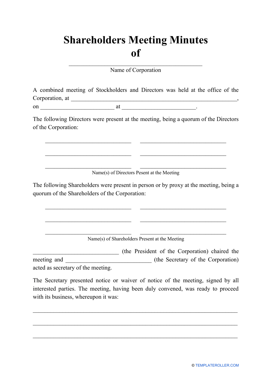 Shareholders Meeting Minutes Template Download Printable Pdf Riset