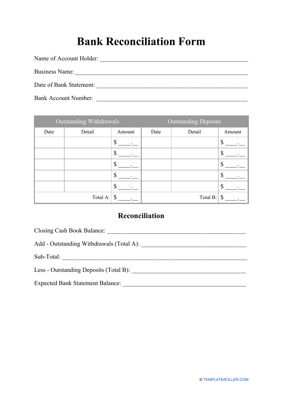 Bank Reconciliation Form Download Printable PDF  Templateroller With Regard To Reconciling A Bank Statement Worksheet