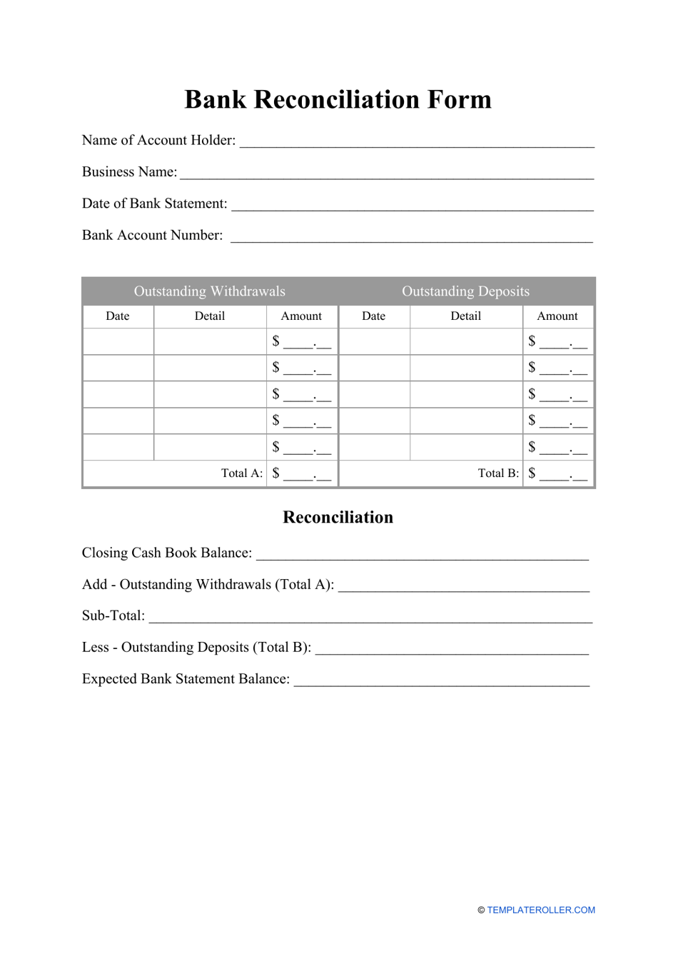 Bank Reconciliation Form Download Printable PDF  Templateroller Inside Reconciling A Bank Statement Worksheet